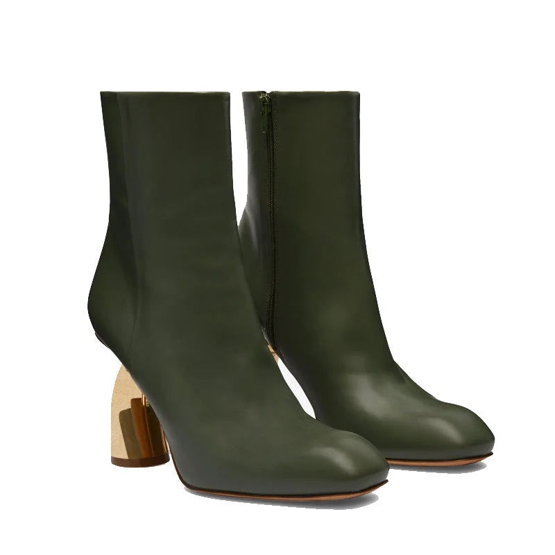 Stylish Metal Strange Heels Women's Ankle Boots Square Toe Zipper Solid Color Lady Pumps Elegant Commuting Madam Short Boots - Kimlud