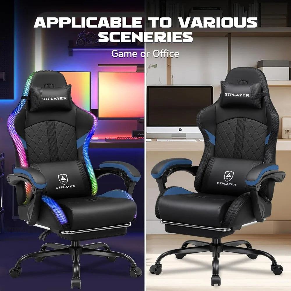 RGB Gaming Chair with Speakers and LED Lights, Ergonomic Computer Chair for Adults, High Backrest, Comfortable for PC Gamers, In