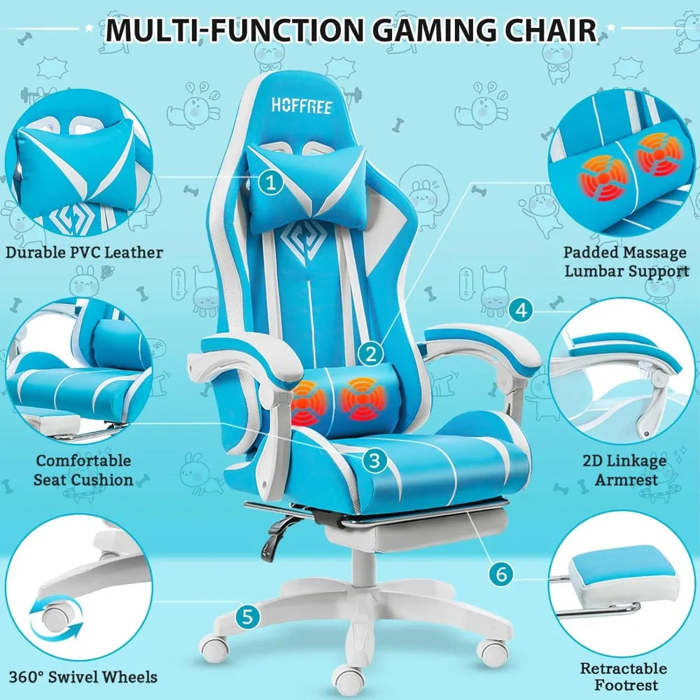 Ergonomic High-Back LED RGB Gaming Chair with Massage, Adjustable Lumbar Support and Footrest for Comfortable Video Gaming Exper