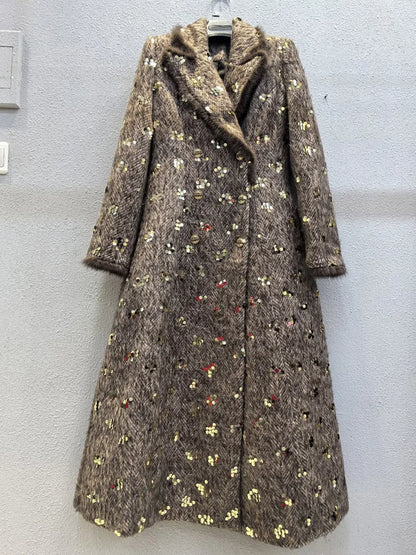 IEQJ Fashion Autumn Winter Woolen Coat Women Turn-Down Collar Fur EdgeDouble Breasted Long Sleeves Sequins Slim Blends Coat New