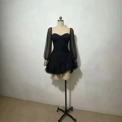 Ladies Sexy V-neck Mini Dress Autumn Sheer Long Puff Sleeve 3D Rose Decor Asymmetrical Ruffle Short Dress Elegant Party Dress