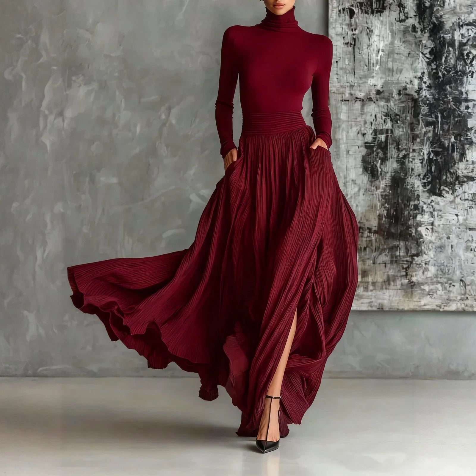French Retro Elegant Light Luxury Slim-fit Dress for Women Turtleneck Long Sleeve Long Dresses Flowy Dress with a Large Skirt - Kimlud