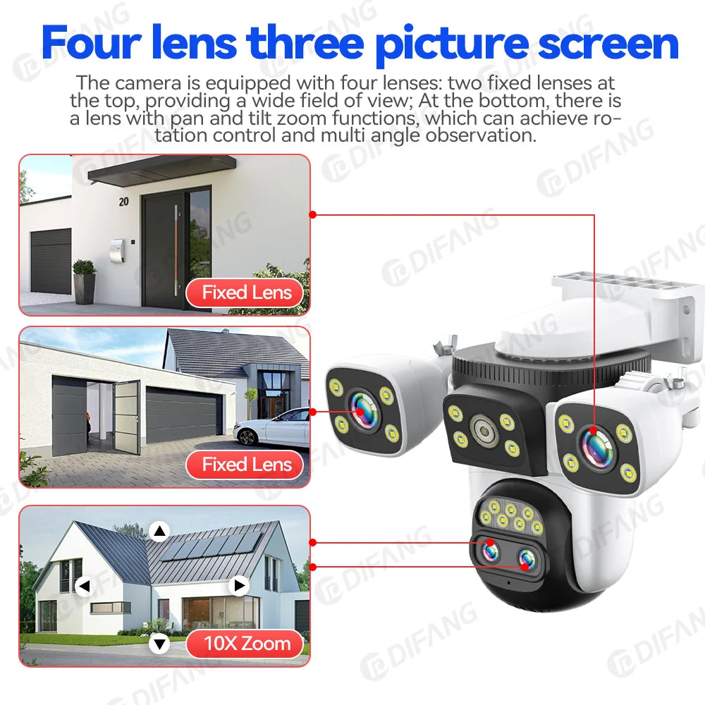10K WiFi Cam 20MP Wireless Outdoor 10X Zoom Three Screen Four Lens 720° PTZ Automatic Tracking Waterproof Security Camera CCTV