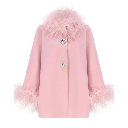 Elegant Feather Spliced Women's Coat Loose Feather Cuff Collar Lady Poncho Outwear 2024 Winter High Street Jacket New In Coats
