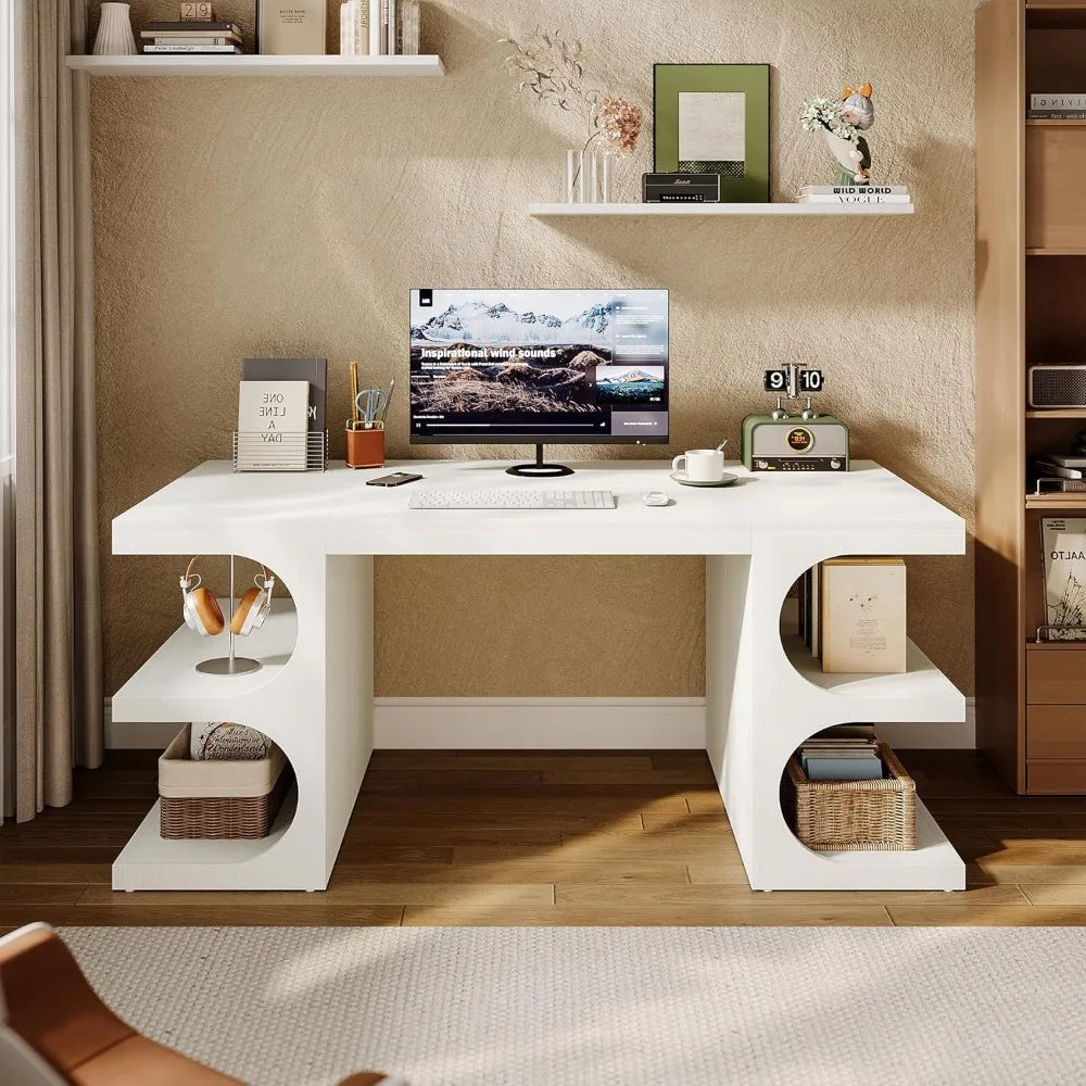 Office Desk, 63" Computer Desk with Storage Shelves, Modern Wood Study Writing Table, Large Workstation Business Furniture - Kimlud