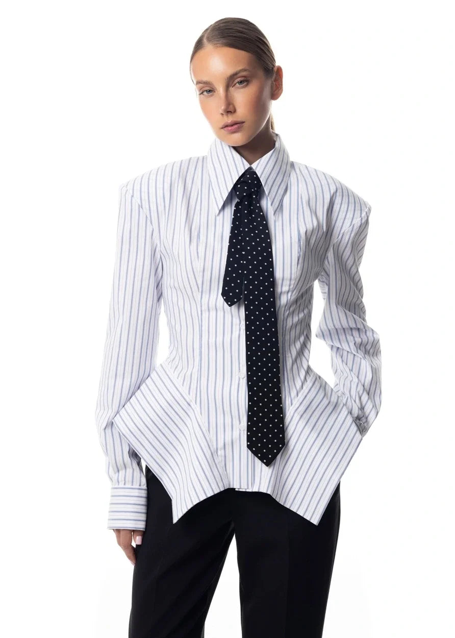 Women's Collar Striped Shirt with Asymmetrical Hem and Waist Cinching 2026 Spring summer Fashionable Casual Office...
