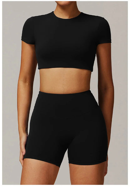 Women Sports Top O-Neck Yoga Crop Tops Short Sleeve Backless Padded Fitness Shirts Push Up Workout Gym T-shirt Running Tights - Kimlud