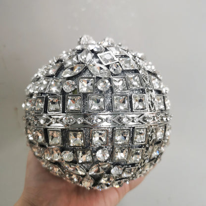 Woman Silver Crystal Stone Ball Shape Evening Bag Banquet Birthday Party Gift Lady Handbag Wedding Bridal Diamond Hollow Purse - Kimlud