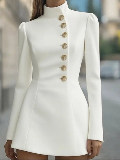 Spring Women's Elegant Stand Blazer Dress Fashion Single-breasted Solid Mini Dress Casual Long Sleeve Slim Party A-line Dresses