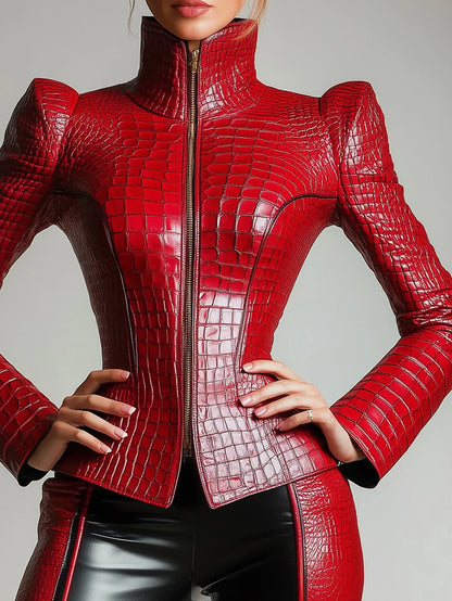 PU Leather Alligator Pattern Long Sleeve Zipper Jacket Turtleneck Slim Long Sleeve High Street Gothic Vintage Outerwear Coat