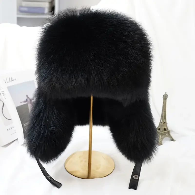 New Winter Men's 100% Real Silver Fox Fur Bomber Hat Raccoon Fur Ushanka Cap Trapper Russian Man Ski Hats Caps Real Leather Top - Kimlud