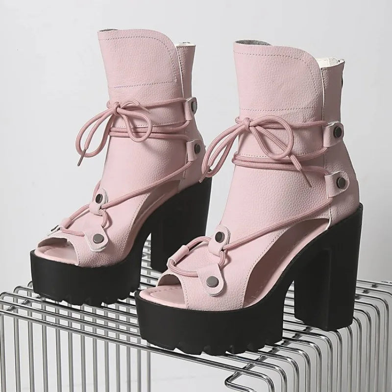 Women's Platform High Heel Ankle Boots Open Toe Lace Up Sandals Textured Finish Chunky Block Heel Zipper Closure Fashion...