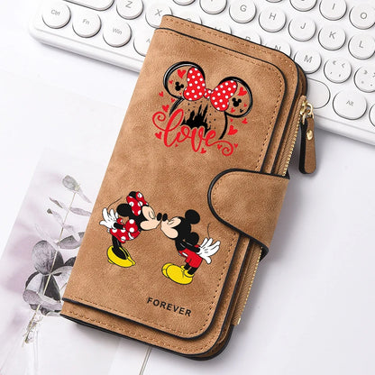  Mickey Minnie Lady Long Zip Wallet Buckle Tote Bag Coin Purse Soft PU Leather Multi-functional Card Holder Casual Daily