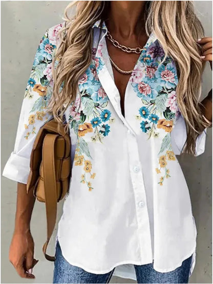 Summer Turn-Down Collar Women Blouse Long Sleeve Shirts Spring Vintage Floral Print Button Casual Blouse Blusas