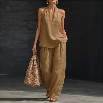 Casual Solid Set For Women Fashion Solid Sleeveless V Neck Tops+High Waist Wide Leg Pants 2 Piece Sets Lady Holiday Women's