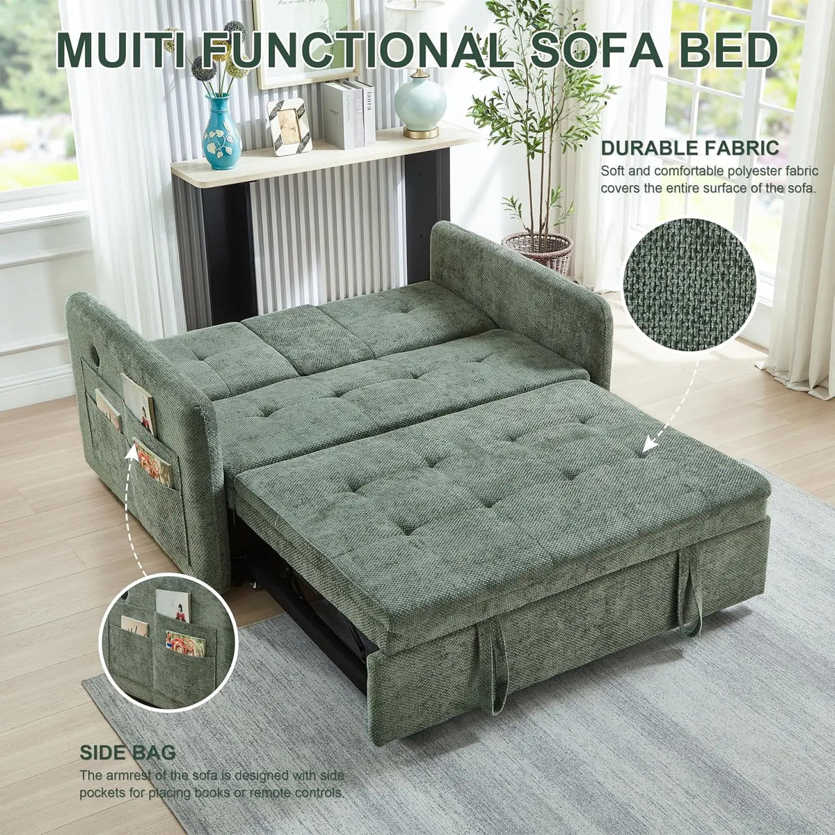 57.48' Convertible Sofa Bed with Cup Holder, Pull Out Sleeper Sofa Bed with USB Charging Ports | Kimlud Luxury Sofa