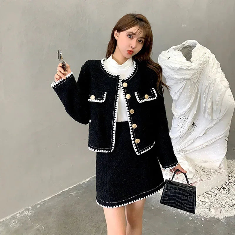 Vintage Skirts Two Piece Sets Mini Faldas Outfits Korean Fashion Fall Winter Oversize Suits Womens Tweed Jackets Conjuntos