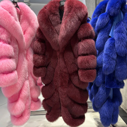 YOLOAgain 2025 Winter Warm Luxury Real Fox Fur Coat Women Pink Fox Fur Jacket Long