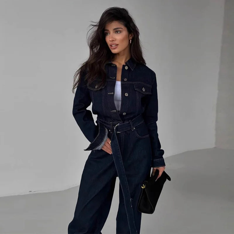 Chic Denim Women's Jumpsuit Turn-Down Collar Lace Up Full Sleeve Lady Long Jumpsuits 2026 Spring Casual Female Streetwear - Kimlud