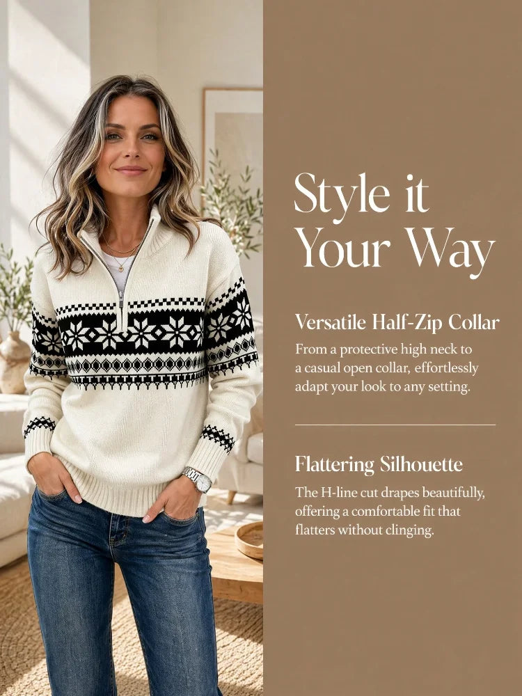Women Snowflake Fair Isle Jacquard Half Zip Mock Neck Sweater Cream White Long Sleeve Ribbed Cuff Warm Knit Pullover |...