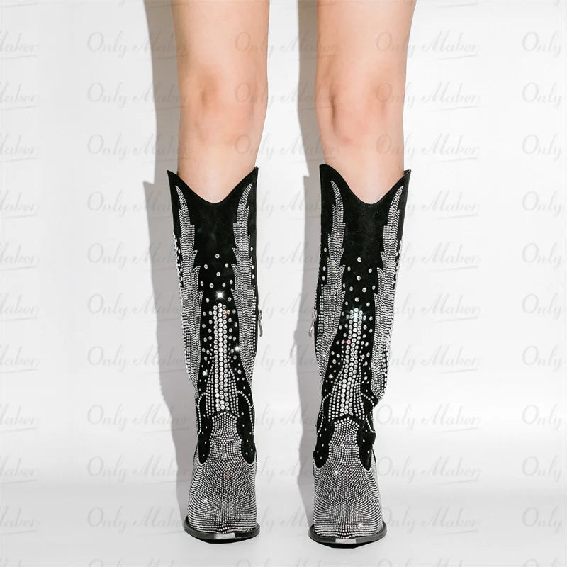 Onlymaker Women Black Knee High Rhinestone Boots Western Cowboy Boots Glitter Bling Shiny Block Heel Handmade Boots