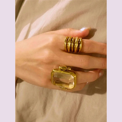 Fashion Square Natural Stone Crystal Ring Gold Color Metal for Women Brass Jewelry  2024 Light Luxury European And American