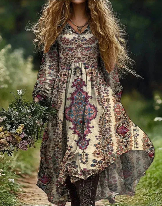 Boho Vintage Print Long Dresses For Women 2025 Casual V Neck Full Sleeve Splice High Waist Loose Dress Autumn Fashion Vestidos - Kimlud