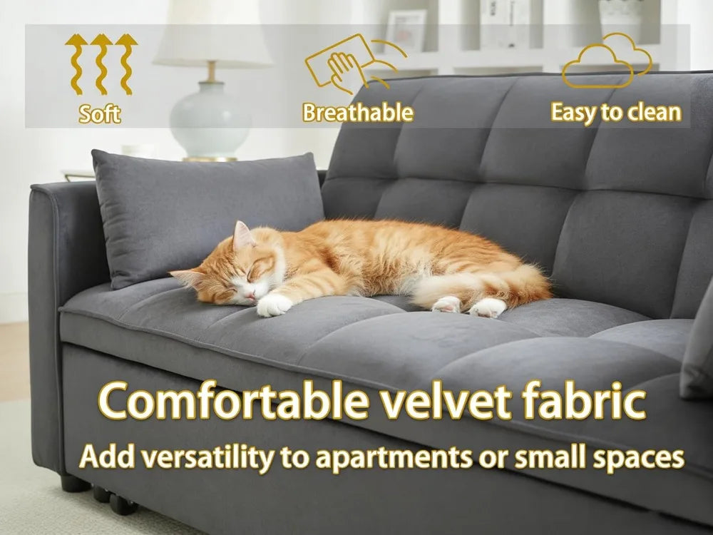 70" Velvet Sleeper Sofa Bed, Adjustable Back & Storage, Modern Black Futon for Small Spaces - Kimlud
