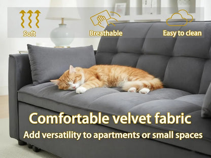 70" Velvet Sleeper Sofa Bed, Adjustable Back & Storage, Modern Black Futon for Small Spaces - Kimlud
