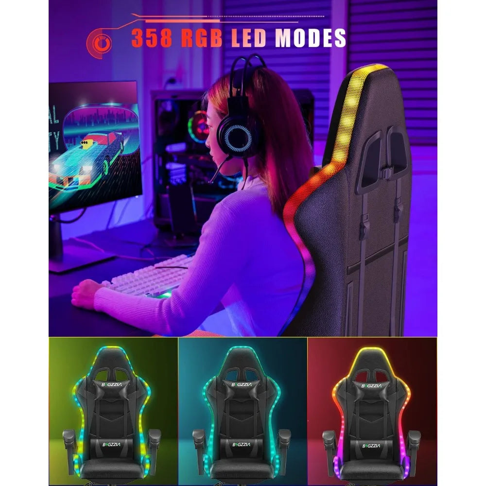 Gaming Chair with RGB LED Lights, High Back Ergonomic Computer Gamer Chair with Headrest and Lumbar Support, Racing Styl