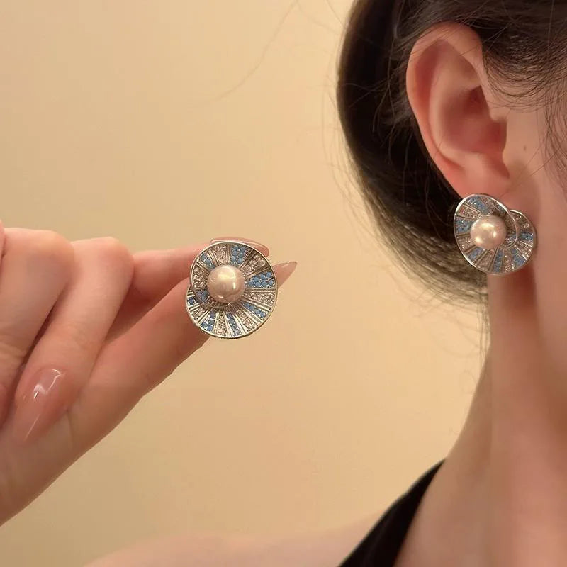 Light Luxury Personalized Elegant Blue Crystal Flower Stud Earrings For Women Fashion Simple Geometry Jewelry Party...
