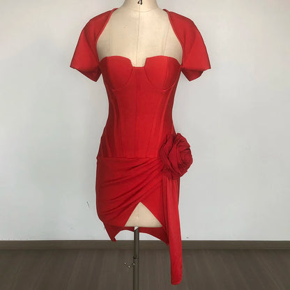 VC Chic Red Short Sleeved Mini Dress with Corset and Asymmetric Hem Floral Embellishments for Fashion Occasions