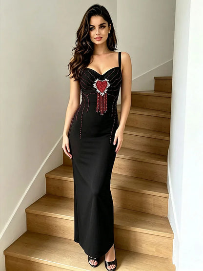 Sexy Spaghetti Strap Rhinestones Beads Tassels Bandage Dress Women Black Sleeveless Bodycon Dresses Maxi Evening Party...