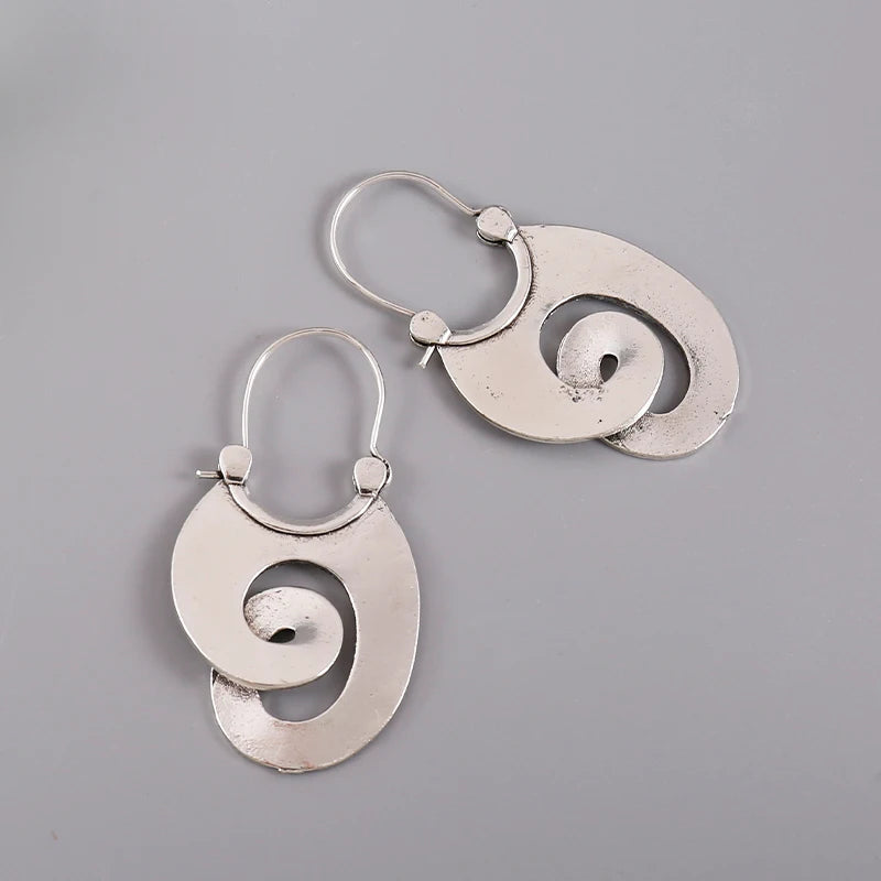 Gypsy Curl Metal Hoop Earrings for Women Jewelry Tribal Silver Color Hollow Spiral Winding Hanging Dangle Earrings - Kimlud