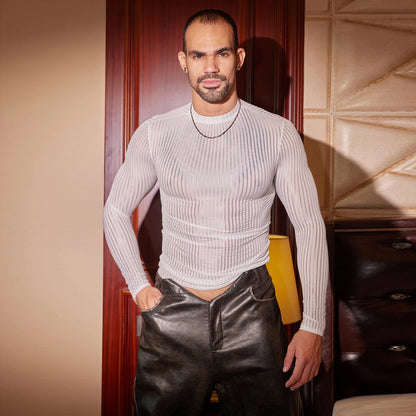 Sex Men Oil Glossy Shiny Breathable T-shrits Stripe Allure Shaper Top Bottom Wear Sheer See Through Elastic Shapewear - Kimlud