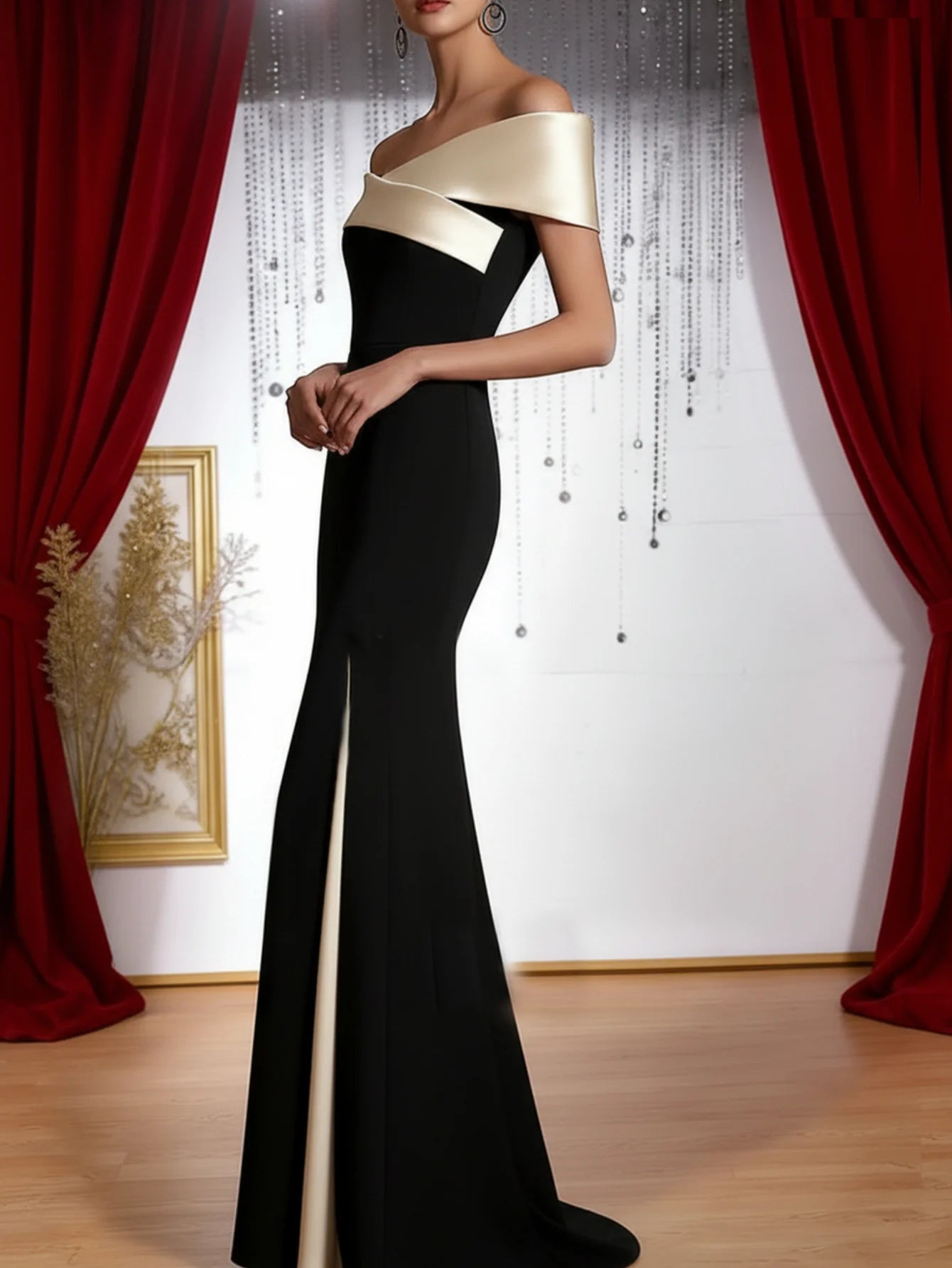 Women's Off Shoulder Maxi Dress Contrast Splicing Mermaid Hem Long Dress Slim Fit Elegant Formal Evening Party Ladies...