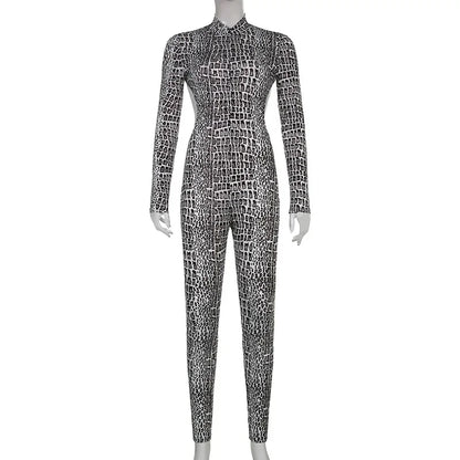 Oshoplive 2026 New Women Fashion Sexy Snakeskin Printed Backless Zipper Jumpsuits Long Sleeves Gym Activewear Bodysuits