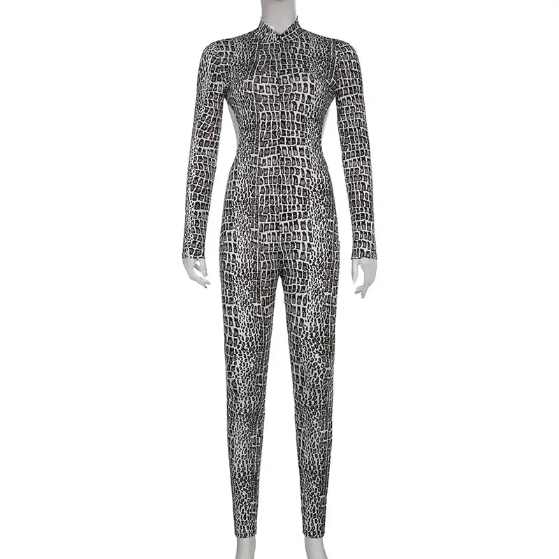 Oshoplive 2026 New Women Fashion Sexy Snakeskin Printed Backless Zipper Jumpsuits Long Sleeves Gym Activewear Bodysuits