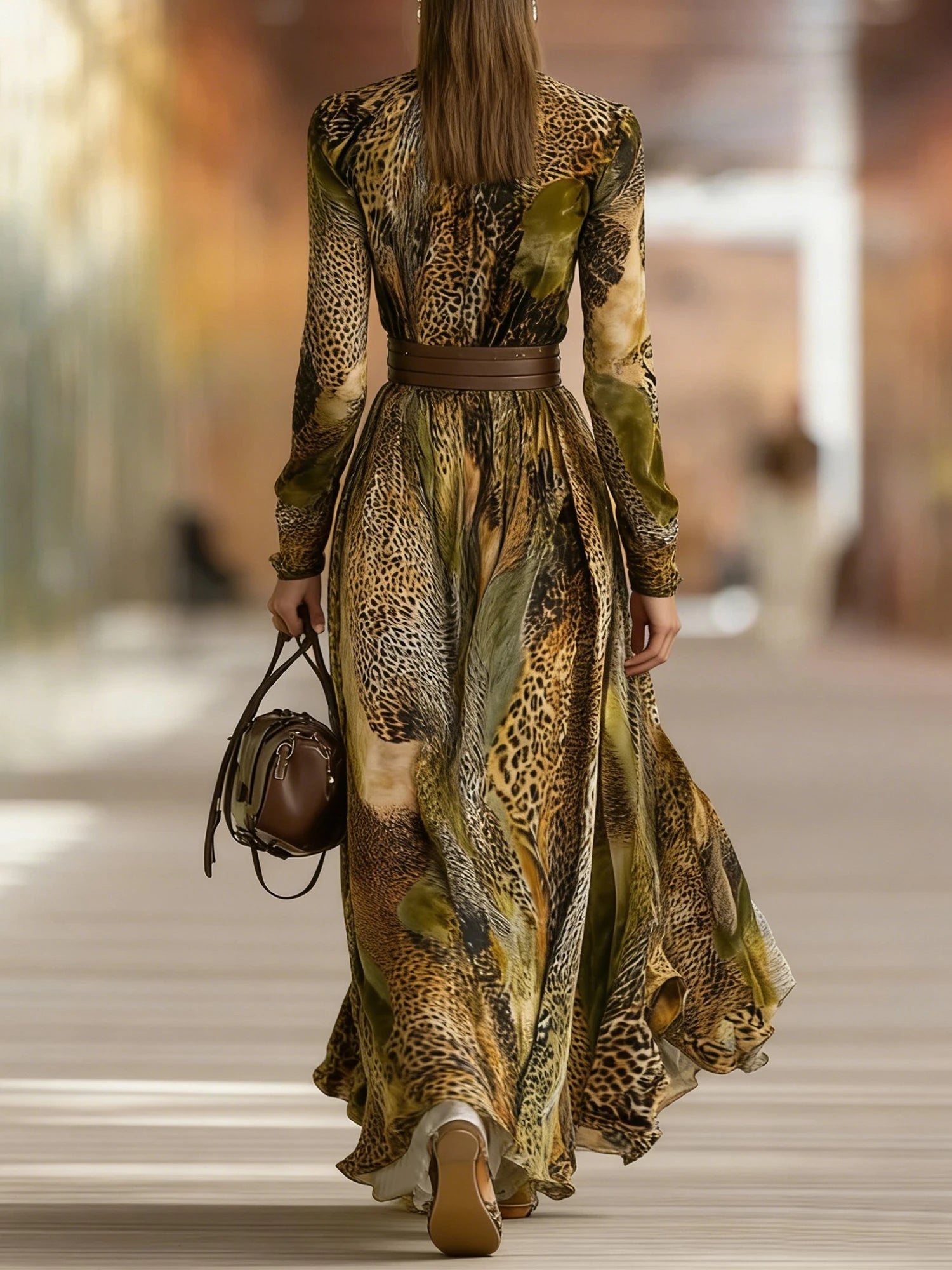 Vintage A-Line Long Dress Women's Floral Leopard Print Turtleneck High Waist Party Dress Autumn Long Sleeve Flowy Maxi...