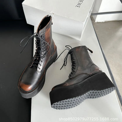 2025 Thick-soled Women's Heightening Polished Retro Lace-up Small Short Muffin Bottom Wasteland Wind Platform Heels Boots