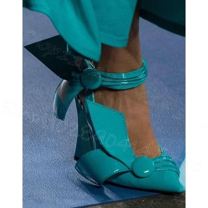 Cyan Patent Leather Button Pointed Toe Pumps Slip On Women Shoes Chunky High Heels Party Runway Dating 2025 Zapatos Para Mujere - Kimlud