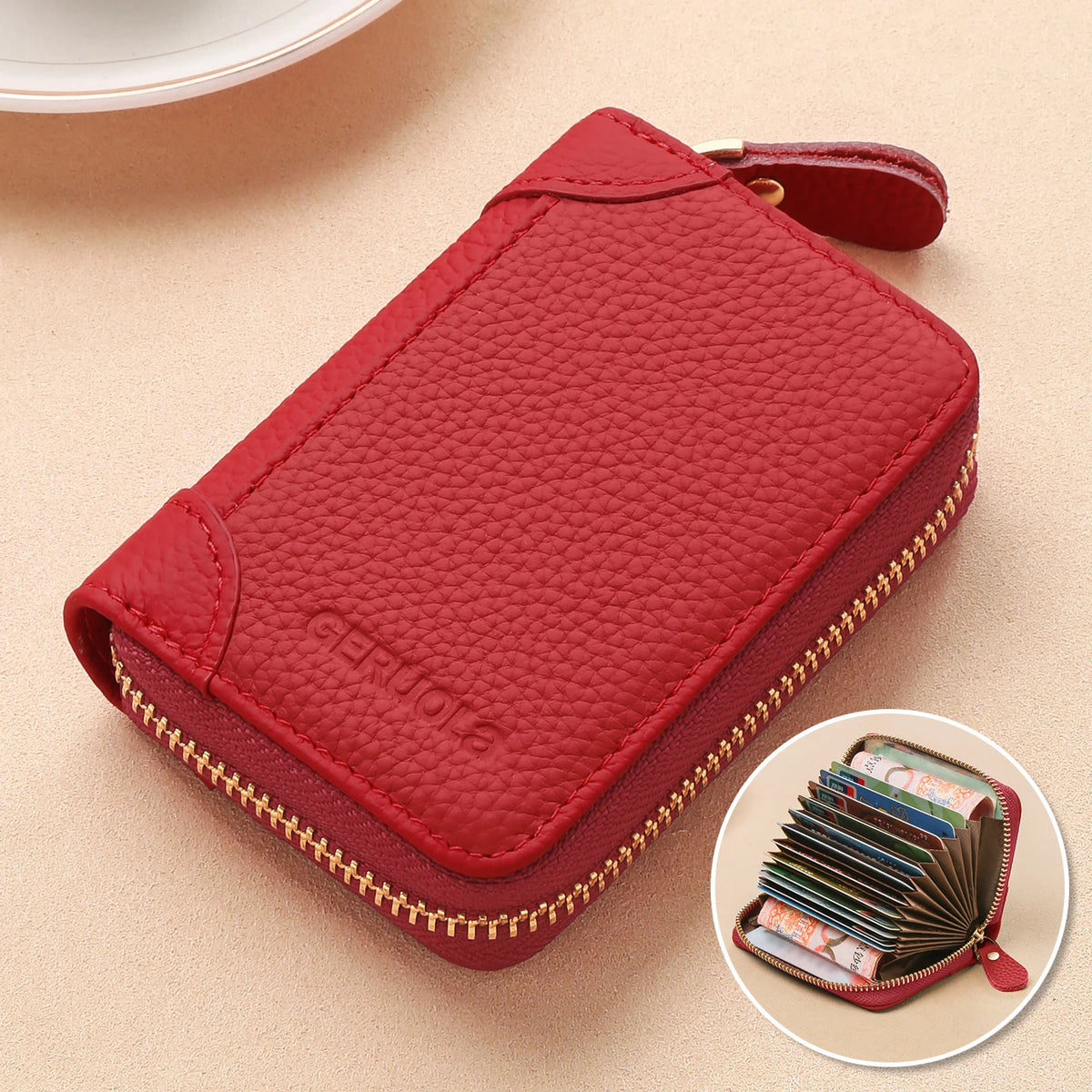 GERUOLA Top-Grain Cowhide RFID-Protected Card Holder Zipper Credit Card Organizer with Multiple Slots ID And Coin Pouch
