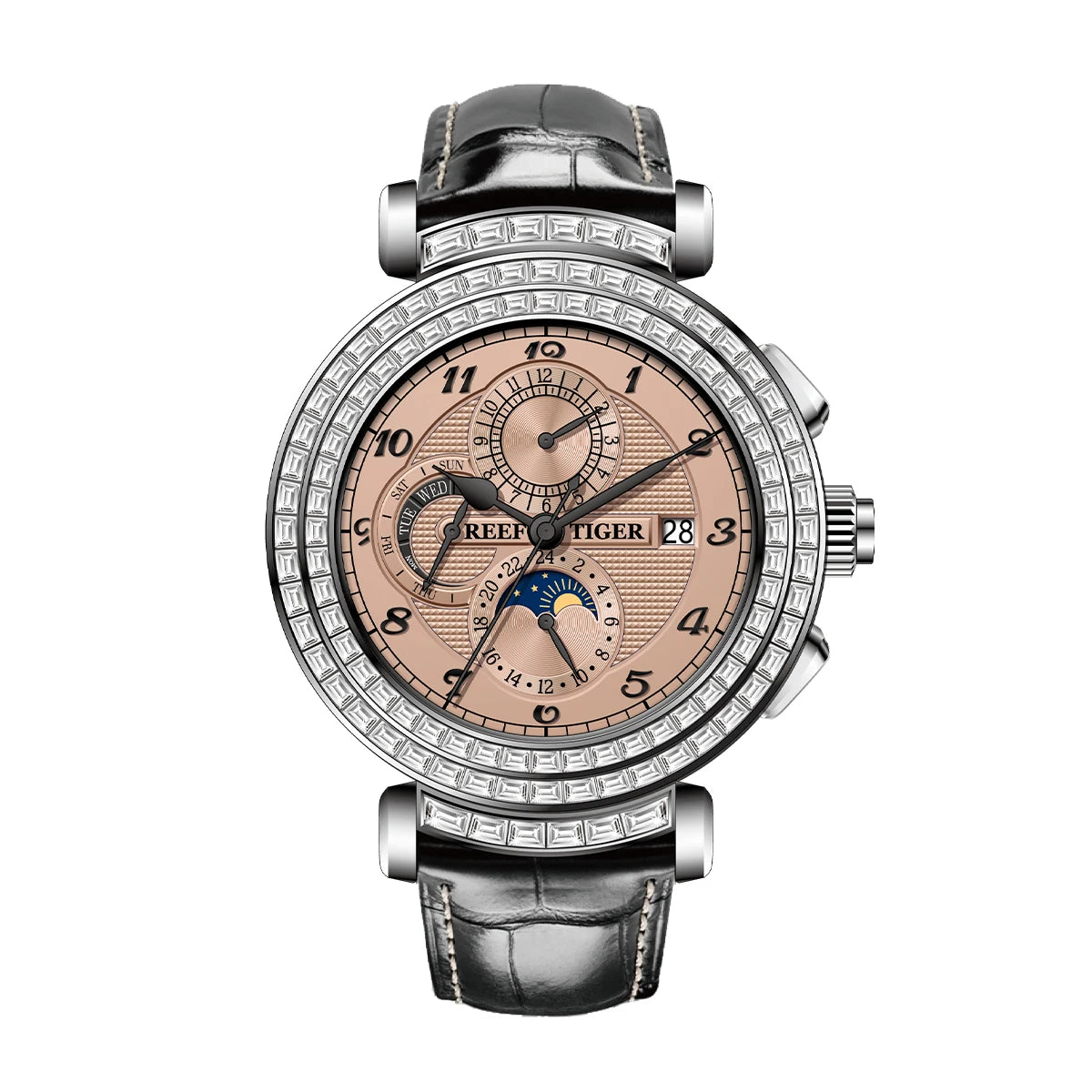 Reef Tiger Luxury Men's Automatic Mechanical Watch Green Dial Moon Phase Date Genuine Leather Strap Waterproof Dress...
