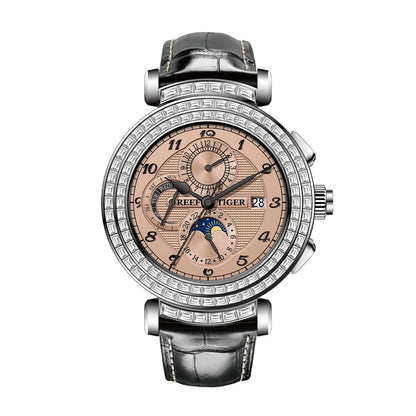 Reef Tiger Luxury Men's Automatic Mechanical Watch Green Dial Moon Phase Date Genuine Leather Strap Waterproof Dress...