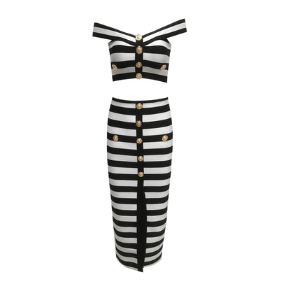 VC Stylish Black & White Color Block Off-Shoulder Striped Ensemble with Button Midi Dress Suit for Date Night Glam Gown