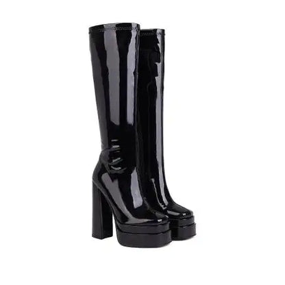 Plus Size 43 Women Knee High Boots Platform Thick High Heel Ladies Motorcycle Boots PU Leather Side Zipper Square Toe Women Boot