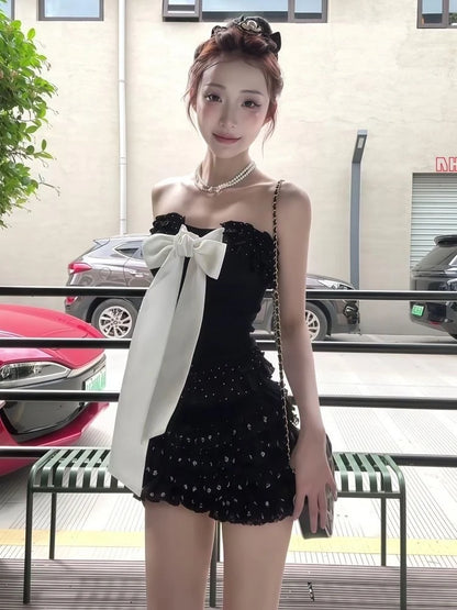 New Summer Sexy Bow Elegant 2 Piece Set Women Y2k Vintage Strapless Tops + Mini Skirt Harajuku Fashion Female Party Chic...
