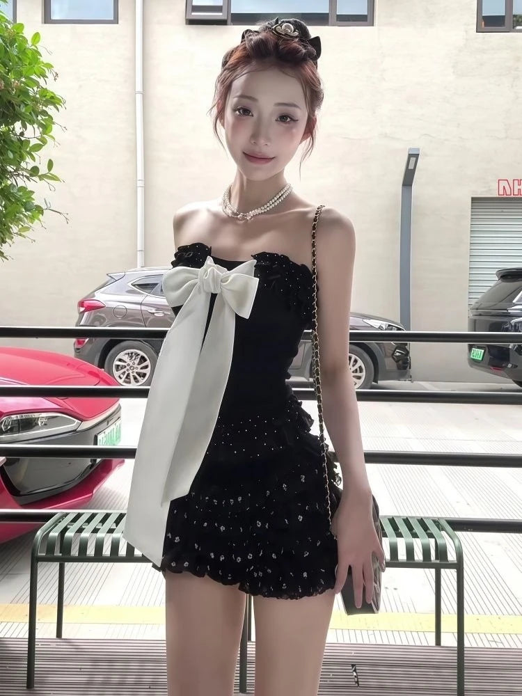 New Summer Sexy Bow Elegant 2 Piece Set Women Y2k Vintage Strapless Tops + Mini Skirt Harajuku Fashion Female Party Chic...