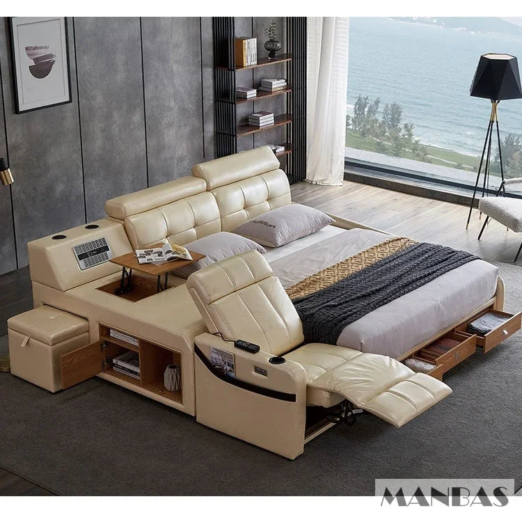 MINGDIBAO Massage Bed with Ultimate Comfort and Genuine Leather Multifunctional Frame - Bluetooth Speaker, Safe Air...