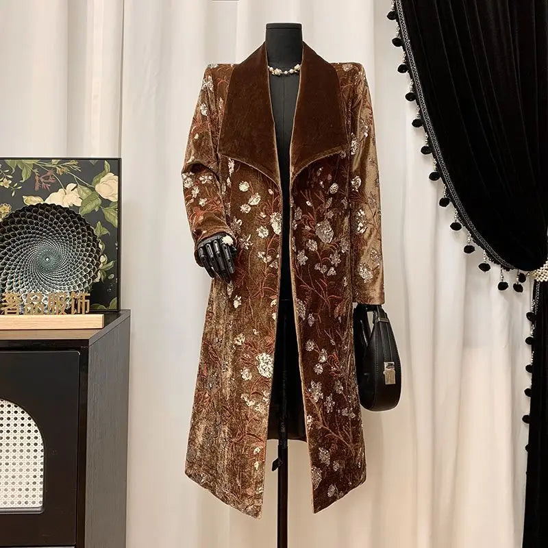 Luxury Design Women's Clothing Lapel Trench Coat Belt Sequin Embroidery Long Trench Coat High Quality Vintage Harajuku Outerwear